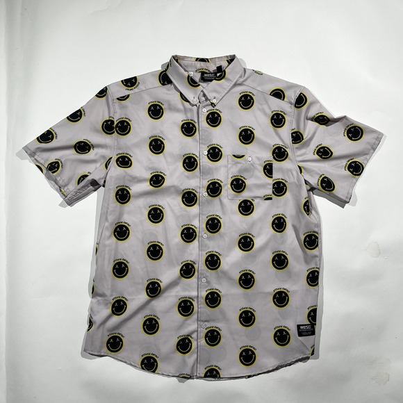 Wesc Other - WeSC Mens Smiley Face Print Short Sleeve Button Down Shirt Grey Yellow Size XL